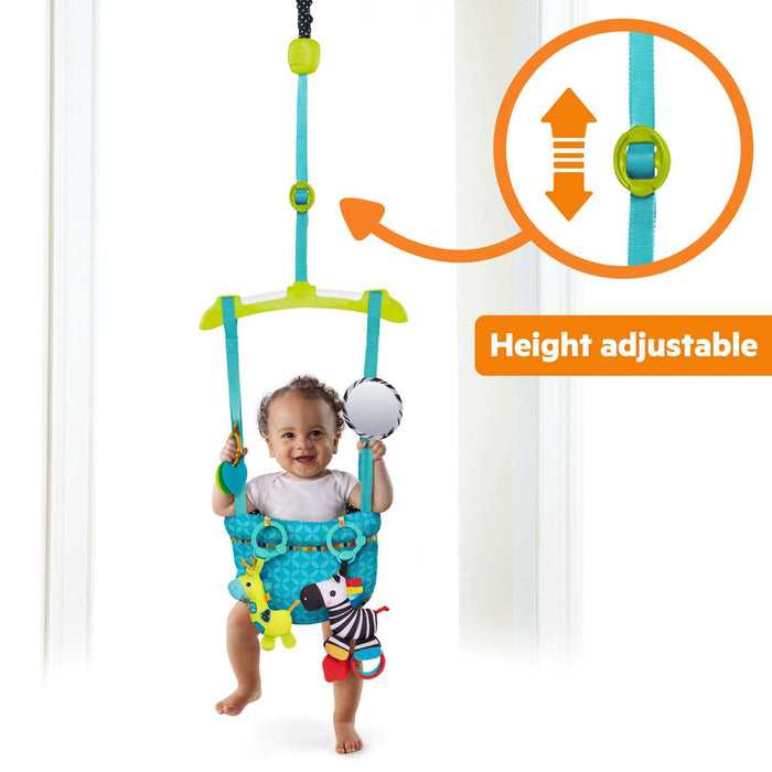 Bright Starts Bounce 'n Spring Deluxe Door Jumper with toys and clamp attachment in doorway