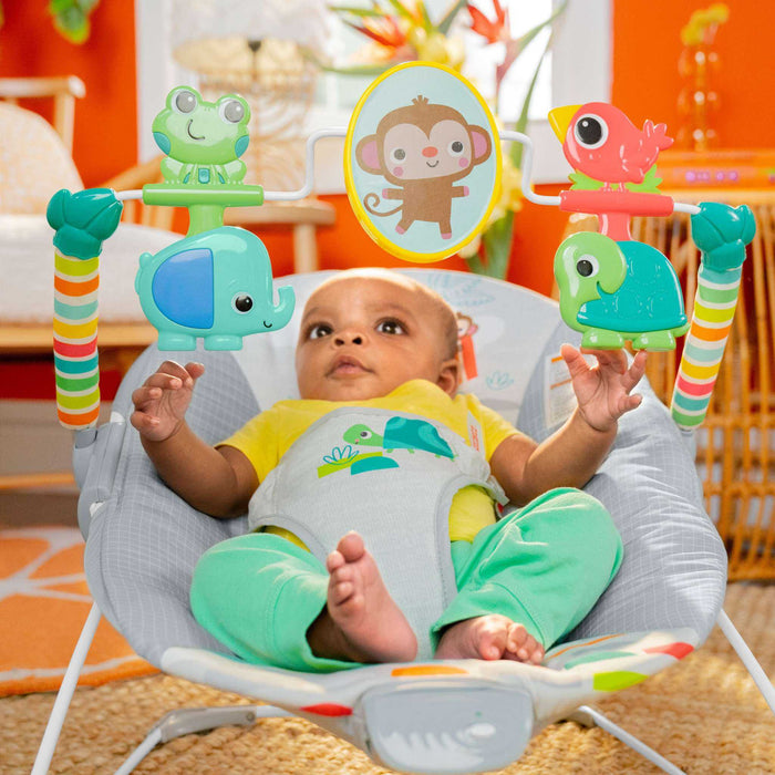 Bright Starts Playful Paradise vibrating baby bouncer with colorful spinning toys and soft seat