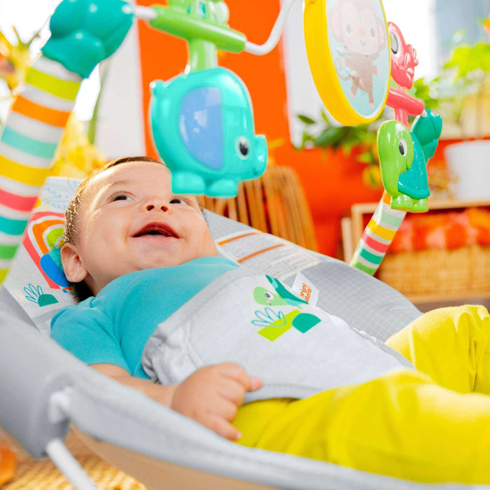 Bright Starts Playful Paradise Vibrating Baby Bouncer with spinning toys and baby-safe mirror