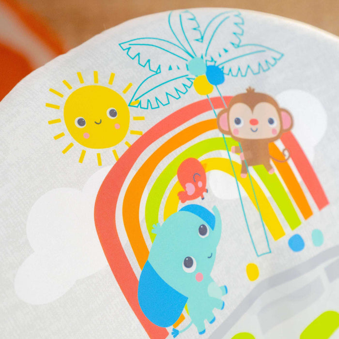 Bright Starts Playful Paradise vibrating baby bouncer with hanging toys and safety harness