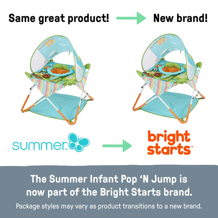 Bright Starts Pop 'N Jump portable baby jumper with owl forest theme, removable canopy, and sensory toys for indoor and outdoor use