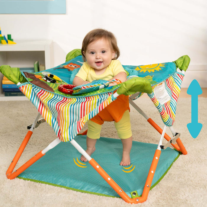 Bright Starts Pop 'N Jump portable baby jumper with removable canopy and woodland sensory toys for indoor and outdoor use