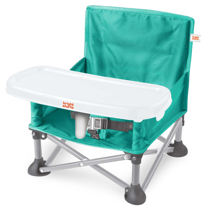 Bright Starts Pop ‘N Sit portable booster seat in teal with removable tray and carrying bag for babies and toddlers