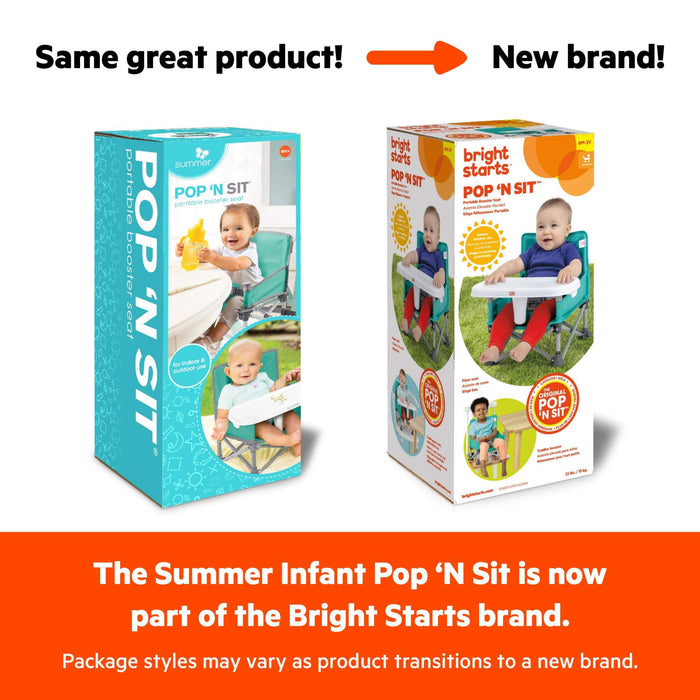 Bright Starts Pop ‘N Sit portable teal booster seat for babies and toddlers with removable tray and carrying bag