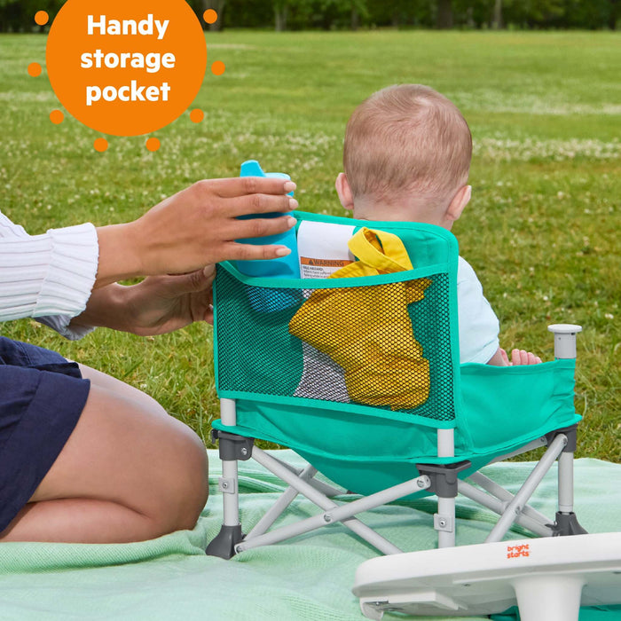 Bright Starts Pop ‘N Sit portable booster seat in teal with removable tray and carrying bag