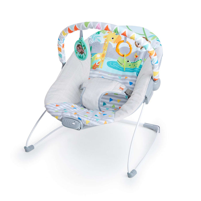 Bright Starts Safari Fun Vibrating Bouncer seat with toy bar and 3-point harness for baby comfort and safety