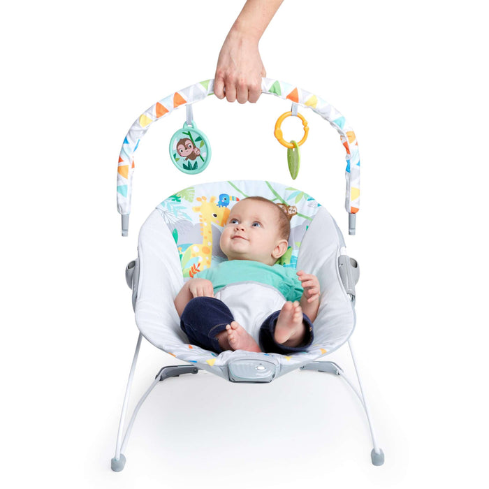 Bright Starts Safari Fun Vibrating Bouncer with safari-themed toys and 3-point harness for baby comfort and safety.