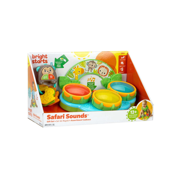 Bright Starts Safari Sounds Gift Set with colorful musical drum toy and monkey key set for babies 3 months and up