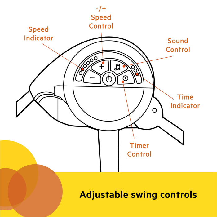 Adjustable swing controls for Whimsical Wild Portable Swing with speed, sound, and timer indicators.