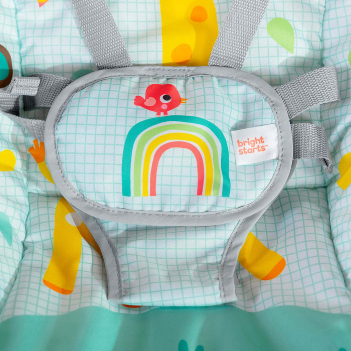 Bright Starts Wild Vibes infant to toddler rocker with vibrating seat and toy bar featuring colorful rattle and monkey bead chaser