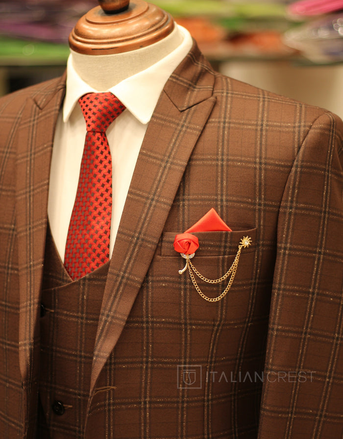 Brown Checks 3-Piece Peak Lapel Suit