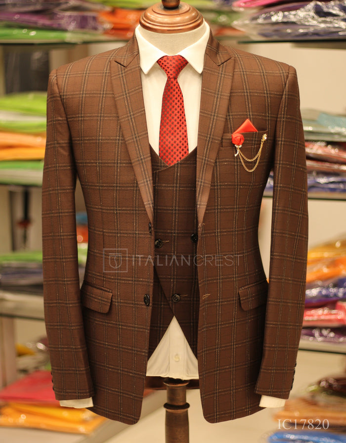 Brown Checks 3-Piece Peak Lapel Suit