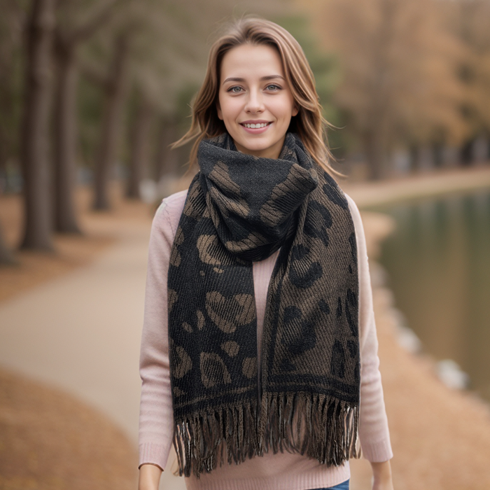 Bukit - Sparkling Animal Print Pashmina Scarf (60x180cm) - Black