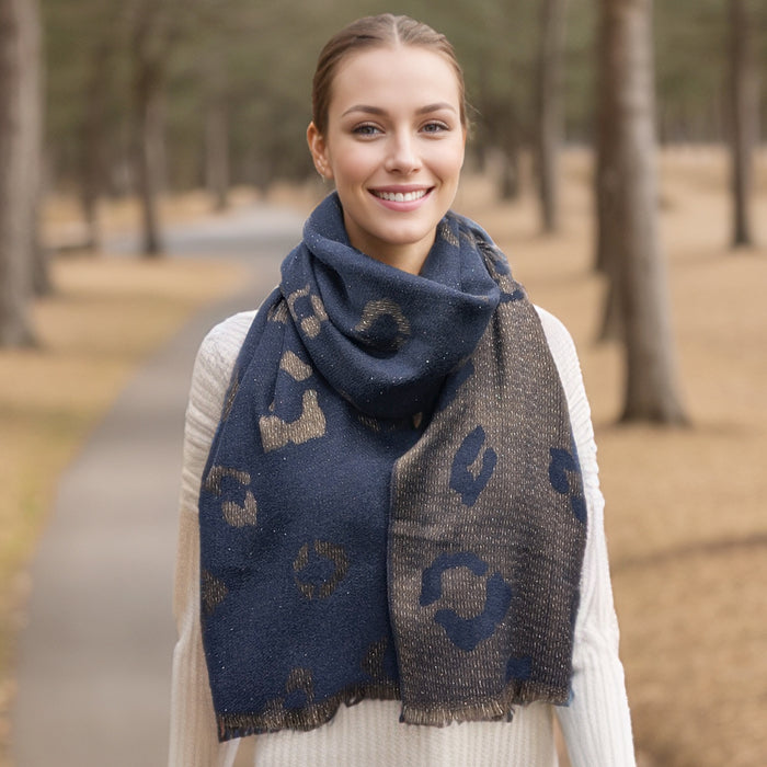 Bukit - Sparkling Animal Print Pashmina Scarf (60x180cm) - Navy Blue