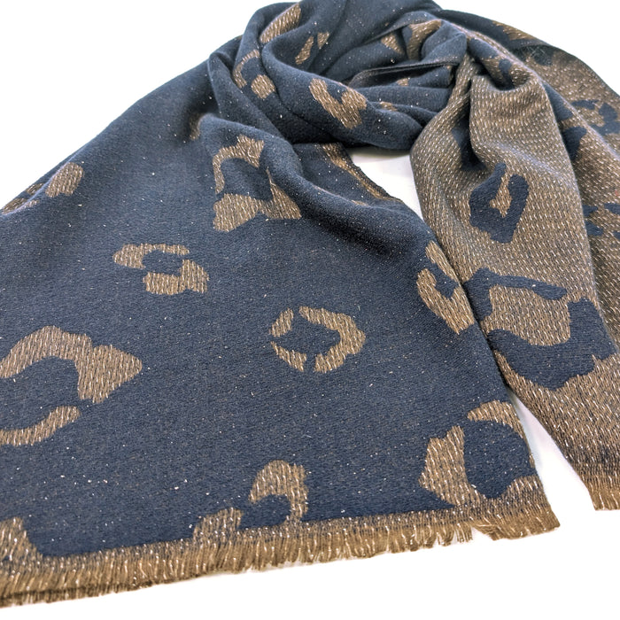 Bukit - Sparkling Animal Print Pashmina Scarf (60x180cm) - Navy Blue
