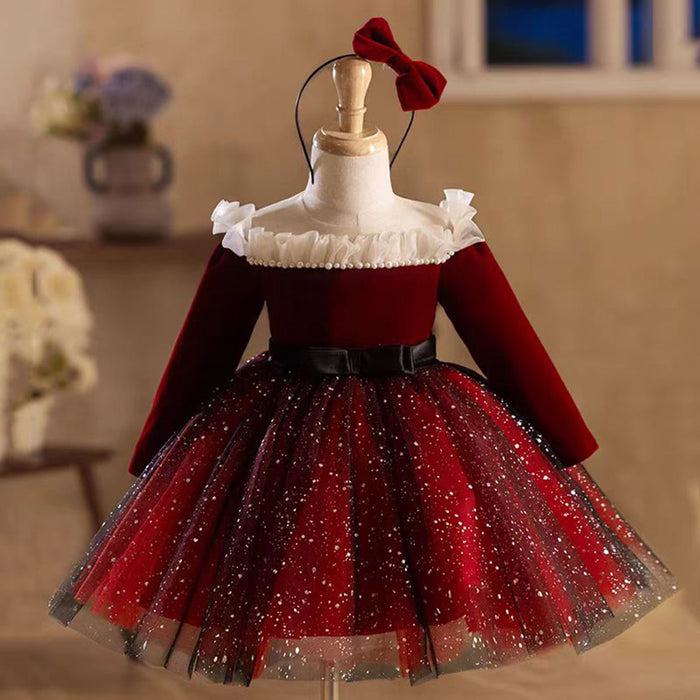 Burgundy Flower Girl Dress Scalloped for Princess Kids 1st Birthday Party J478