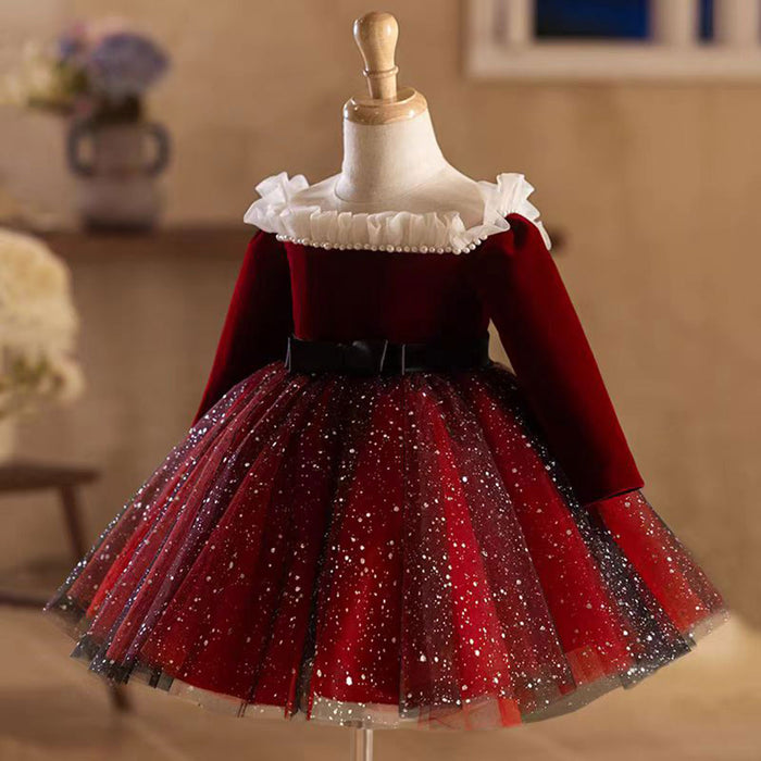 Burgundy Flower Girl Dress Scalloped for Princess Kids 1st Birthday Party J478