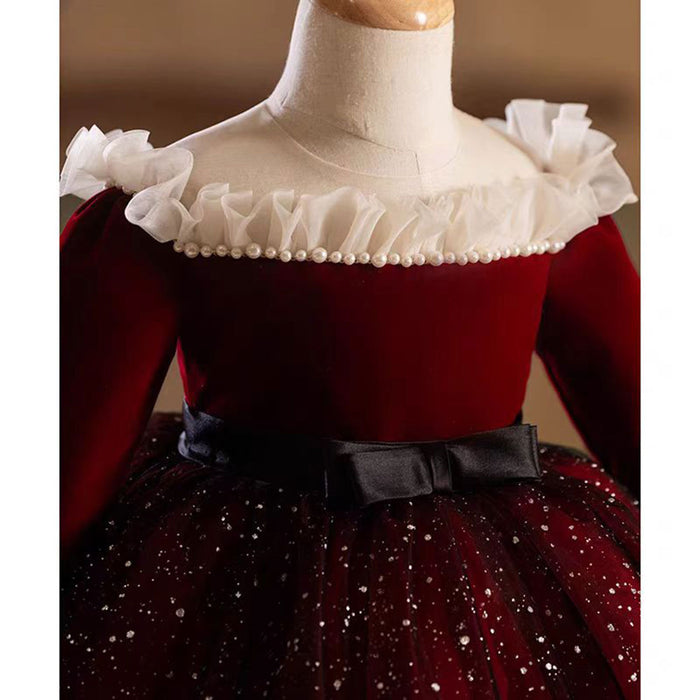 Burgundy Flower Girl Dress Scalloped for Princess Kids 1st Birthday Party J478