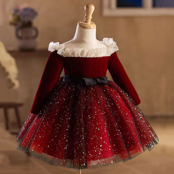 Burgundy Flower Girl Dress Scalloped for Princess Kids 1st Birthday Party J478