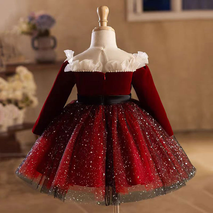 Burgundy Flower Girl Dress Scalloped for Princess Kids 1st Birthday Party J478
