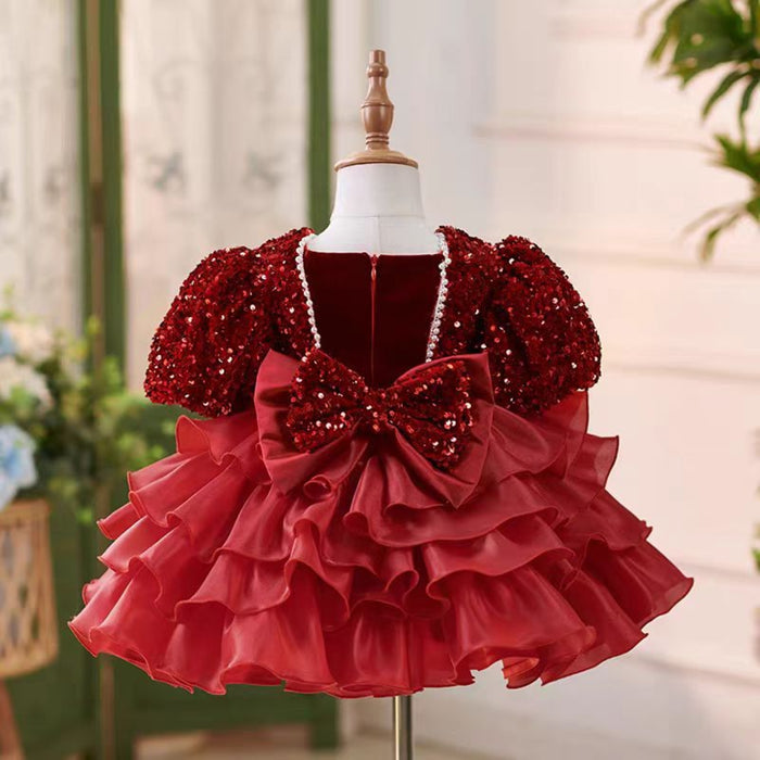 Burgundy Girl Dress Bowed Birthday Party Holiday Gown J453