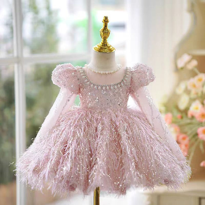 Burgundy Girl Dress Long Sleeve Toddler Kids 1st Birthday Gown J446
