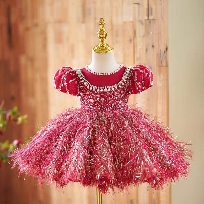 Burgundy Girl Dress Long Sleeve Toddler Kids 1st Birthday Gown J446
