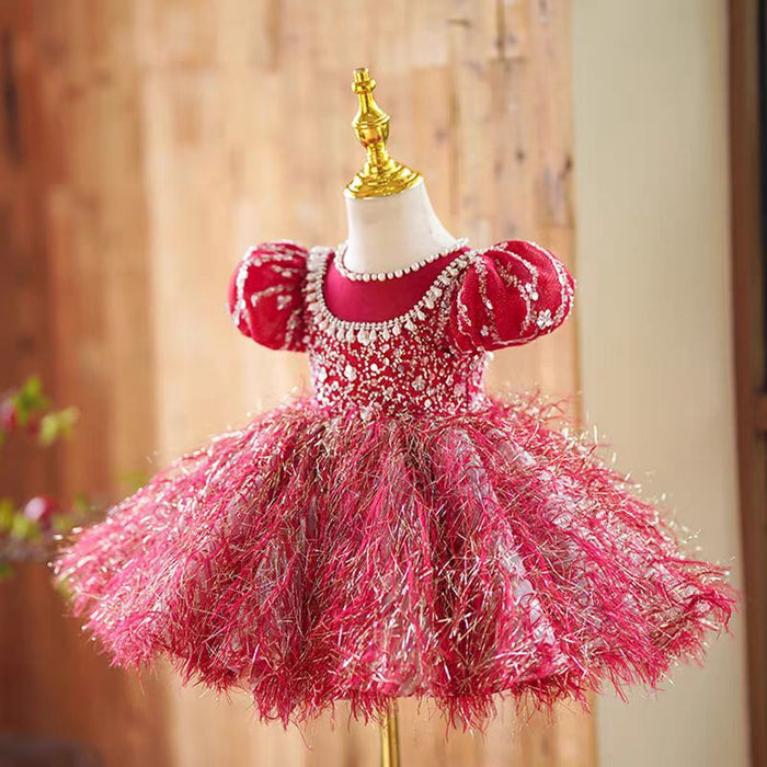 Burgundy Girl Dress Long Sleeve Toddler Kids 1st Birthday Gown J446