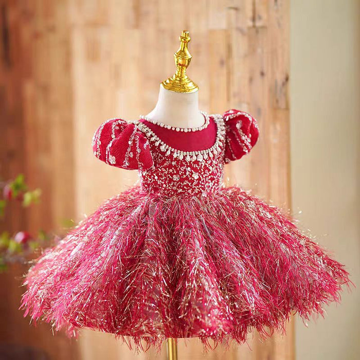 Burgundy Girl Dress Long Sleeve Toddler Kids 1st Birthday Gown J446