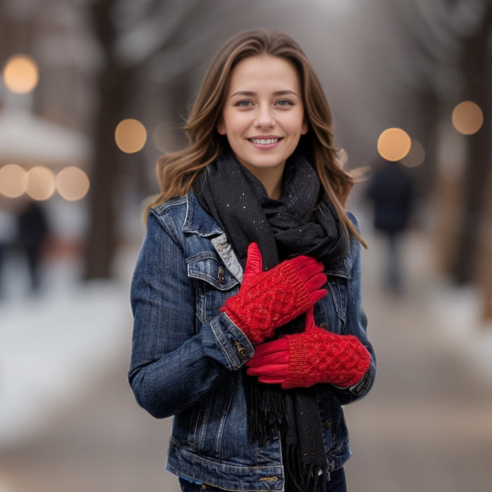 Cable Knit Two in One Sparkle Gloves - Bright Red
