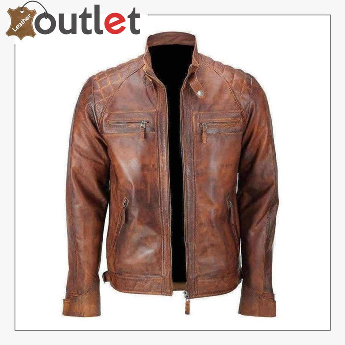Cafe racer distressed motorcycle leather jacket in dark brown, front view with band collar