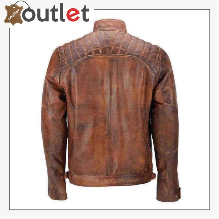 Side view of the distressed cafe racer jacket showing close fit and short hem