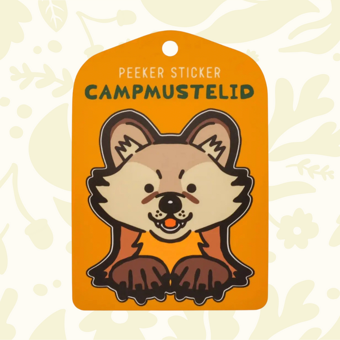 Forager Provisions LTD Camp Mustelid American Marten peeker vinyl sticker on a bright orange display card