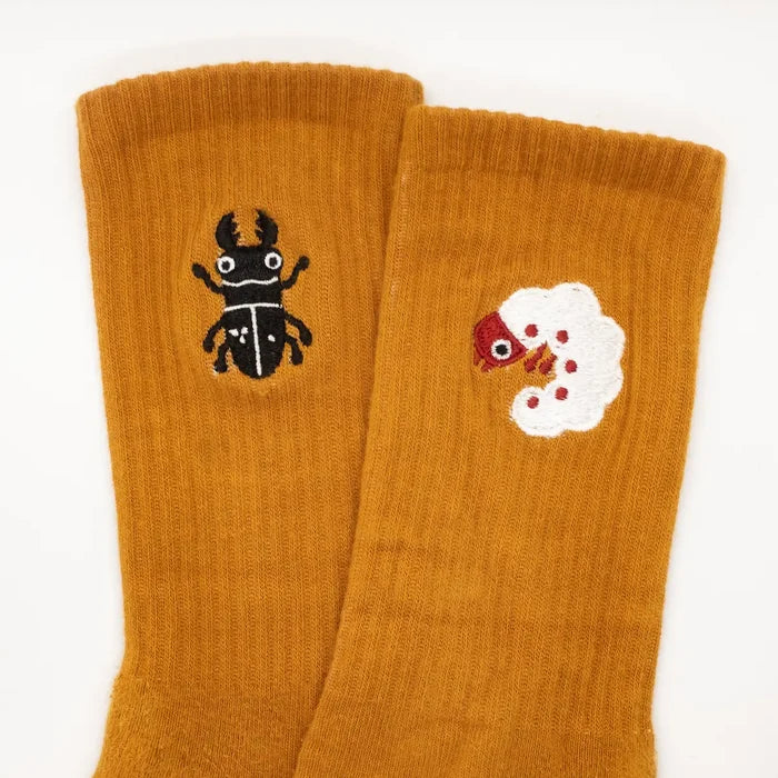 Camp Mustelid Beetle and Grub Orange Cotton Socks—fun insect lover gift with unique beetle and grub ankle designs.