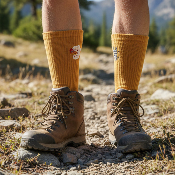 Hiker in brown boots and Camp Mustelid Beetle and Grub Orange Cotton Socks treks on a rocky outdoor trail, nature adventure.