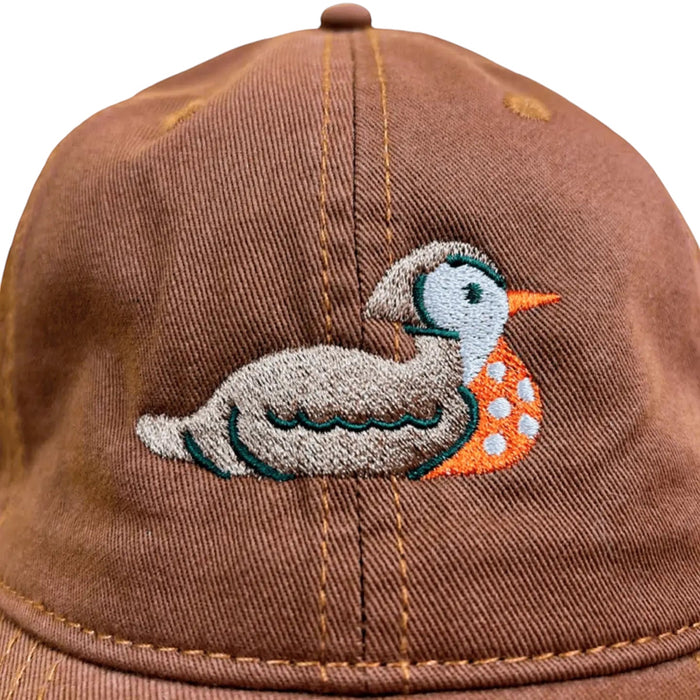 Forager Provisions LTD brown cotton ball cap featuring a detailed, playful embroidered duck design on the front.