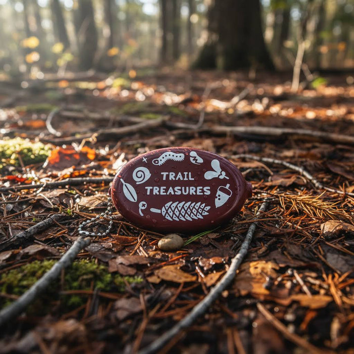 Forager Provisions LTD brown rubber snap-top wallet with Trail Treasures text and nature icons on a forest floor.