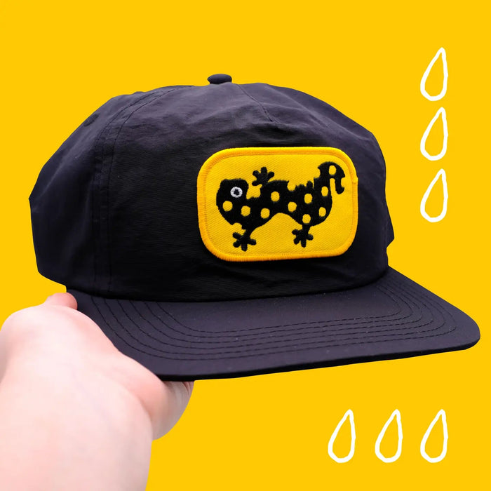 Hand displays Camp Mustelid Spotted Salamander Patch Cap on yellow background with illustrated raindrops, trendy hat fashion.