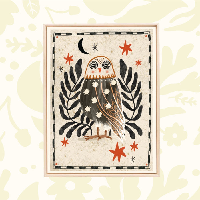 Carole Hillman French Folk Owl A4 print, black leaves, red stars & moon on beige; unique unframed wall art home decor.