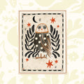 Carole Hillman French Folk Owl A4 print, black leaves, red stars & moon on beige; unique unframed wall art home decor.