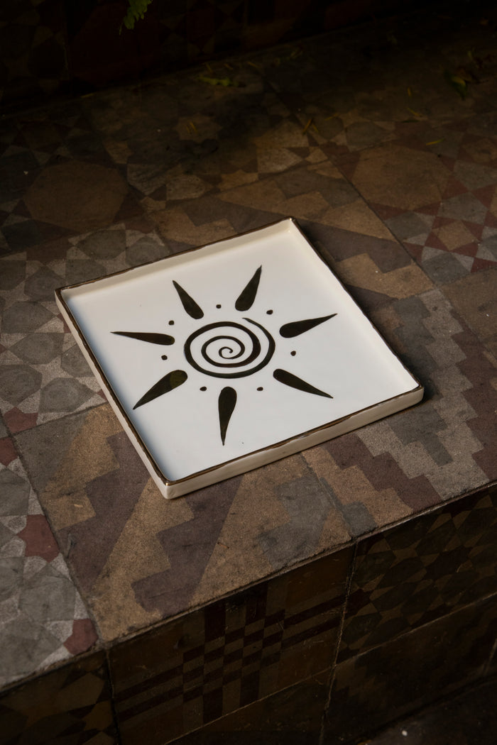Ceramic Square Plate – Sun Motif