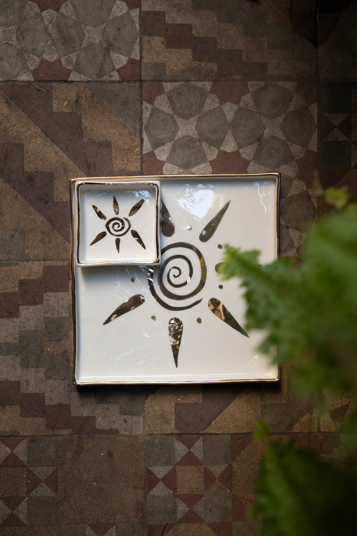 Ceramic Square Plate – Sun Motif