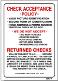 CHECK ACCEPTANCE POLICY-RETURNED CHECKS SIGN, CK1