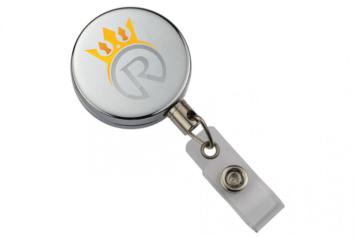 Chrome Metal Case Badge Reel with Wire Cord and Clear Vinyl Strap, Qty = 25