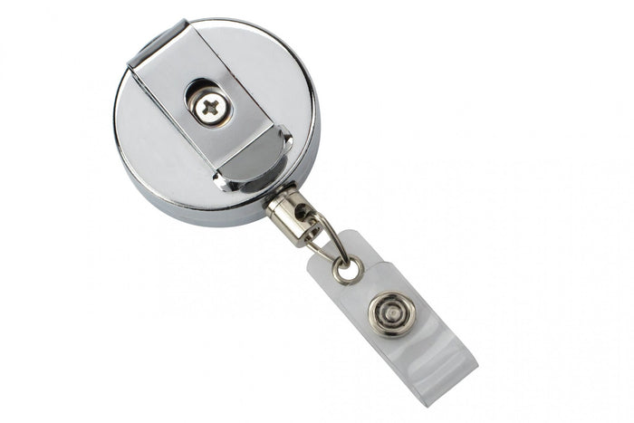 Chrome Metal Case Badge Reel with Wire Cord and Clear Vinyl Strap, Qty = 25