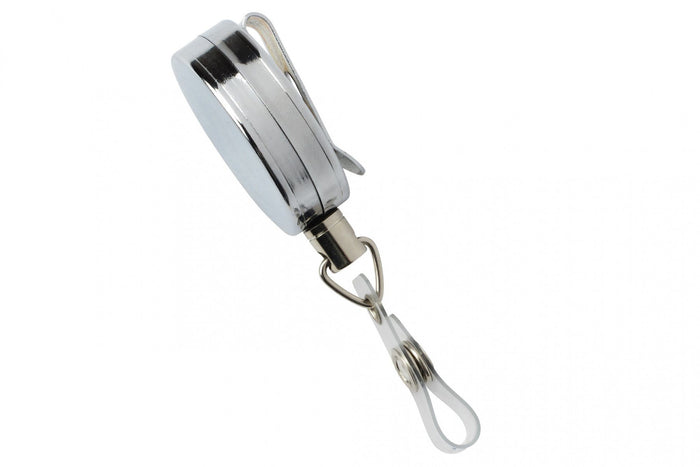 Chrome Metal Case Badge Reel with Wire Cord and Clear Vinyl Strap, Qty = 25