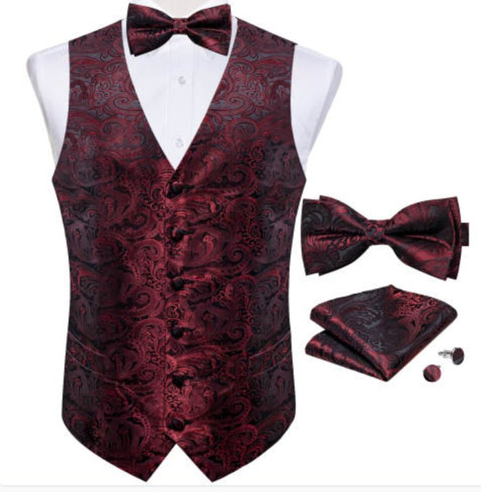 CLARET PAISLEY JACQUARD WAISTCOAT VEST BOWTIE HANDKERCHIEF CUFFLINKS SET- MJ-0179 - SimonVon Shop