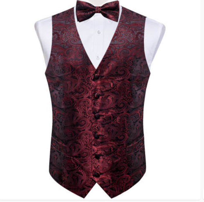 CLARET PAISLEY JACQUARD WAISTCOAT VEST BOWTIE HANDKERCHIEF CUFFLINKS SET- MJ-0179 - SimonVon Shop