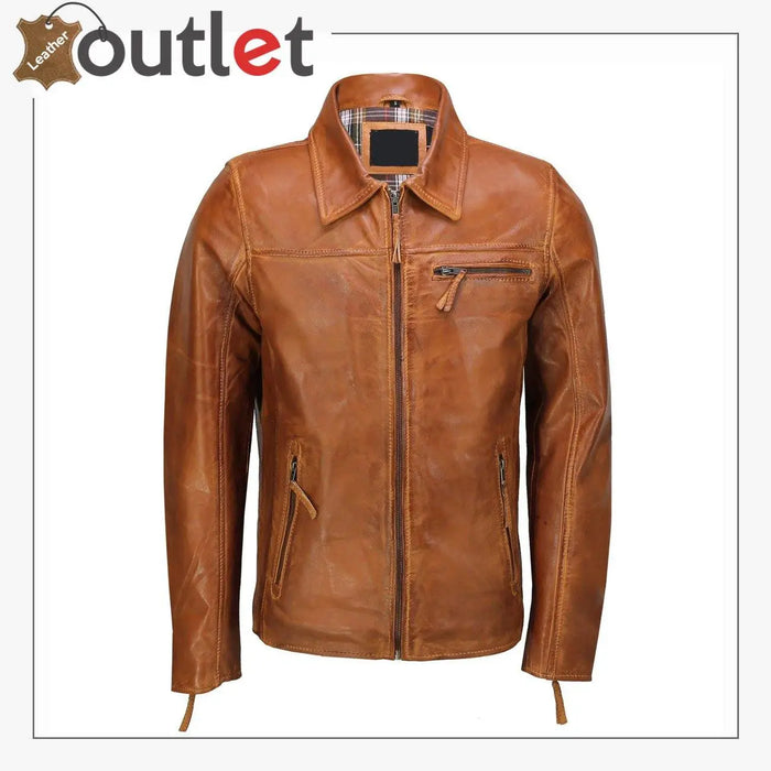 Classic collar retro zip up slim fit mens leather jacket in black, front view