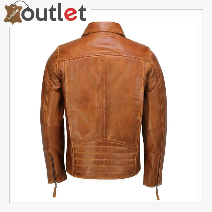 Side view of the slim fit black leather jacket showing tailored waist and point collar